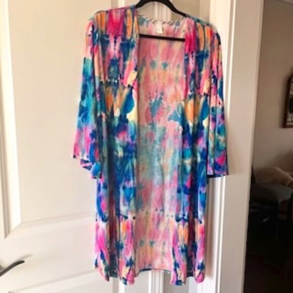 Honeyme Kimono Robe Tie Dye Women's Large Vibrant Lounge Bathing Suit Coverup - Picture 7 of 12